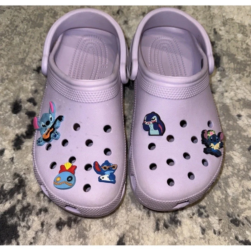 Crocs Clogs Big Girls Junior Sz 6 Purple Shoes Croc W/ Lilo Stitch Charms